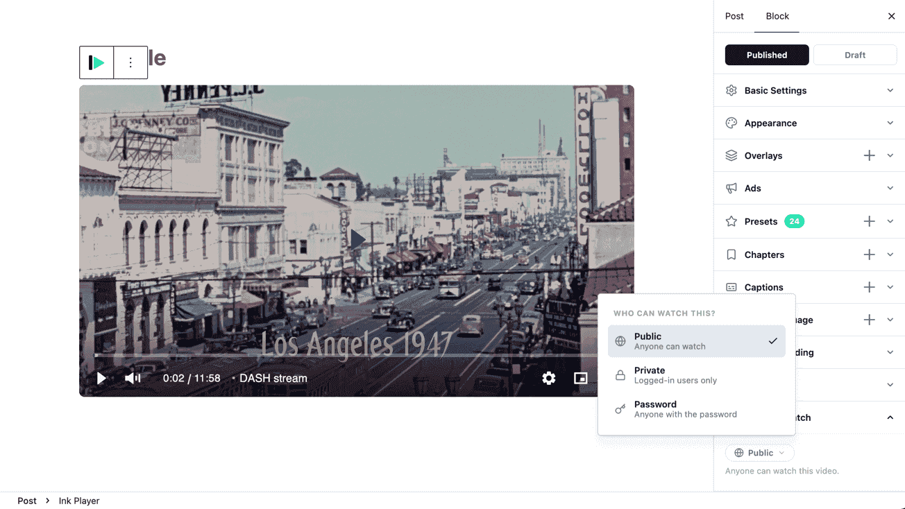 Video access control in WordPress: public, private for logged-in users only, or password protected, shown on a DASH stream.