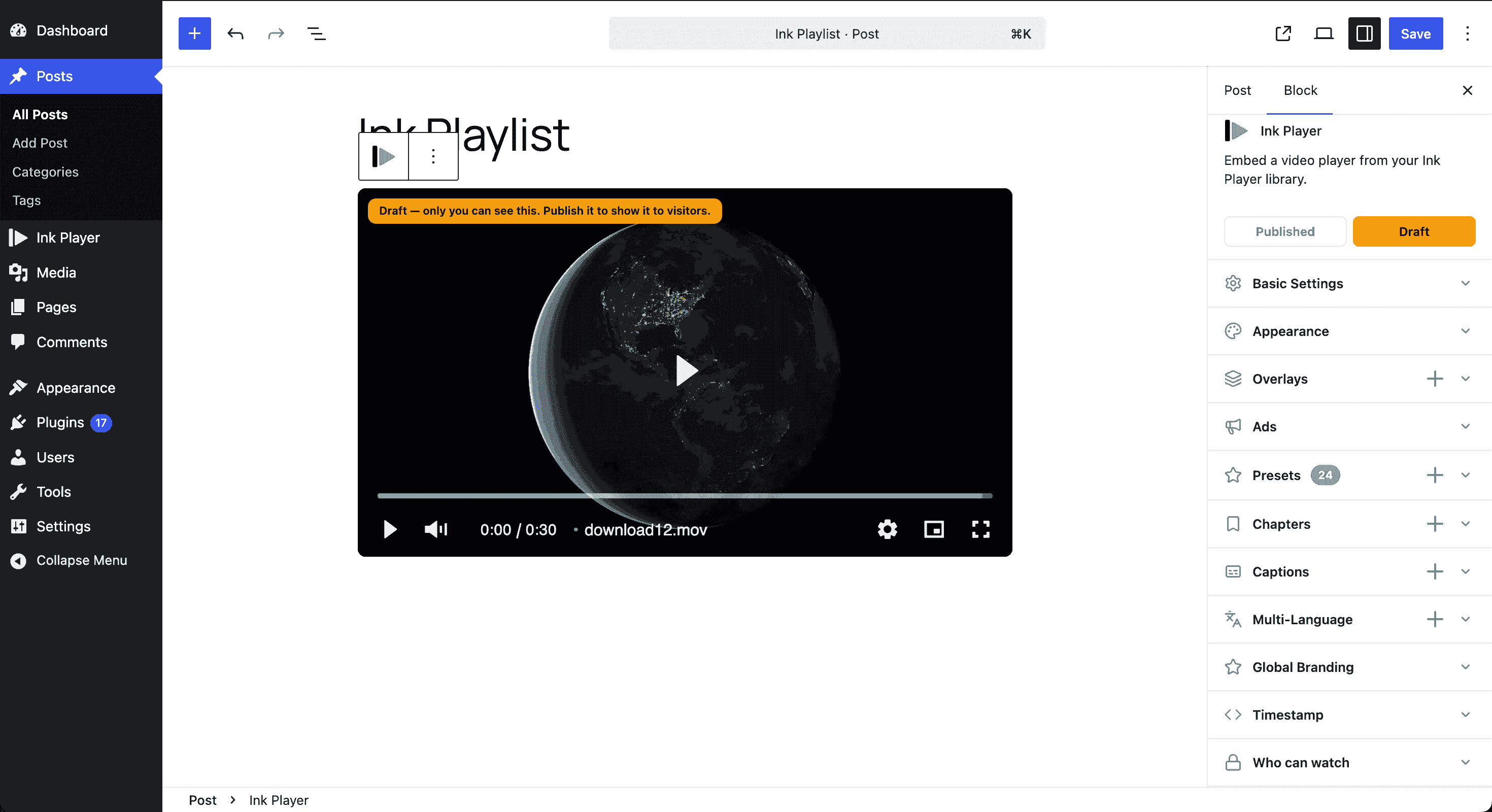 The Ink Player block in the WordPress editor with its inspector open: overlays, ads, presets, chapters, captions, multi-language, global branding, timestamp and access control, all attached to one media item.