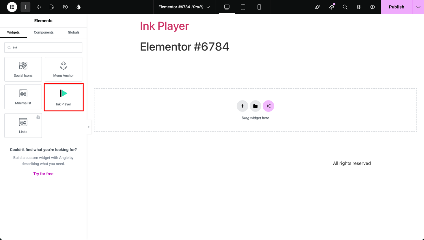 The Ink Player widget in the Elementor editor, found by searching the widget panel.