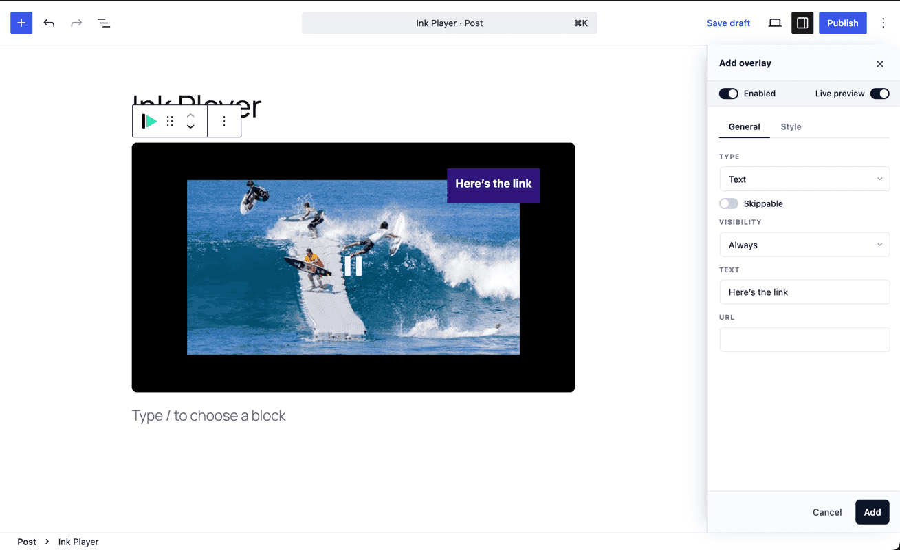 Building a call to action overlay on a WordPress video: type, skippable, visibility, text and destination URL, with a live preview of the overlay on the player.